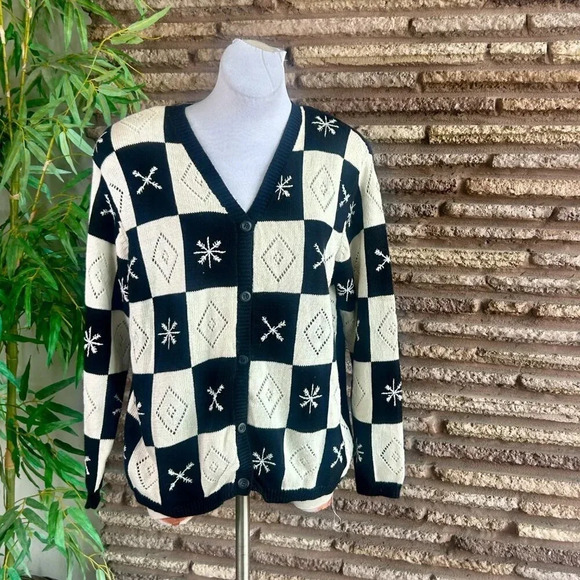 Liz Claiborne Vintage Black and White Checkered Cardigan Sweater Size 1X - Picture 8 of 8